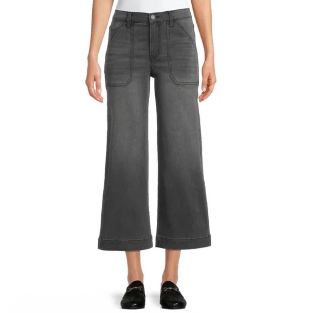 Time Tru High Rise Wide Leg Cropped Denim‎ Pants Womens 20 Faded Black Gray EUC